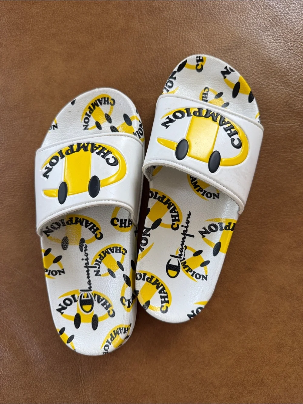 Champion White & Yellow Logo Slide Sandals for Kids